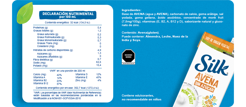 Tabla nutrimental Avena sin azúcar Monkfruit